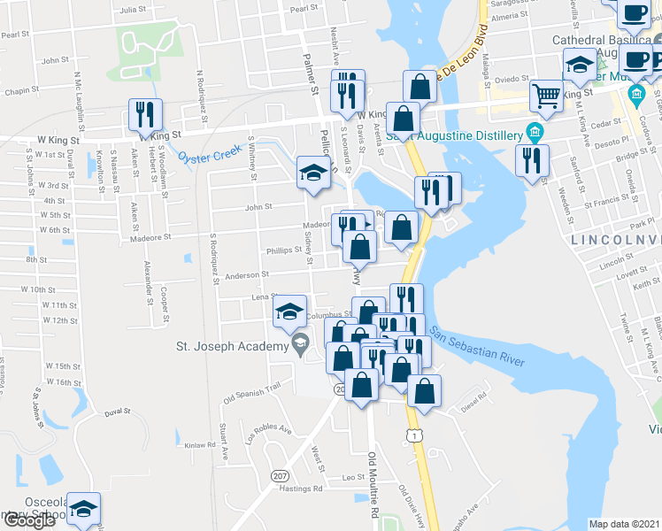 map of restaurants, bars, coffee shops, grocery stores, and more near 52 Anderson Street in St. Augustine