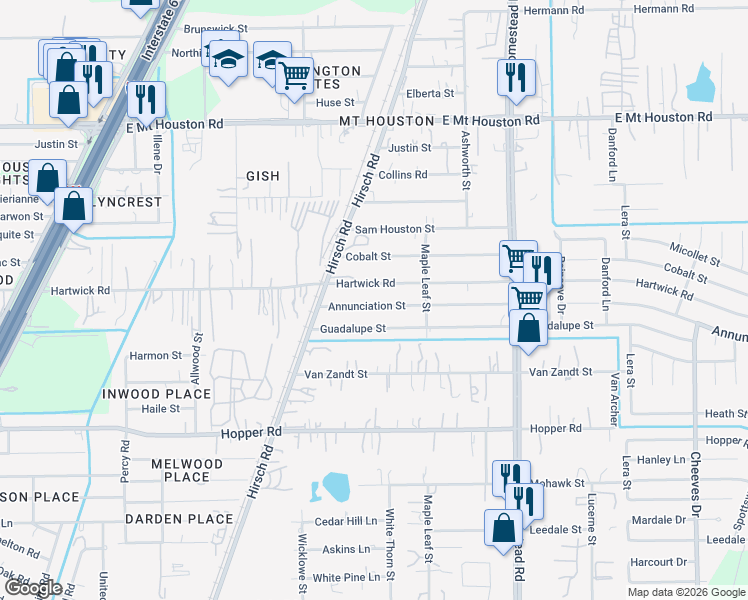 map of restaurants, bars, coffee shops, grocery stores, and more near 5609 Annunciation Street in Houston