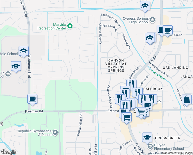 map of restaurants, bars, coffee shops, grocery stores, and more near 20743 Stewart Crest Lane in Cypress