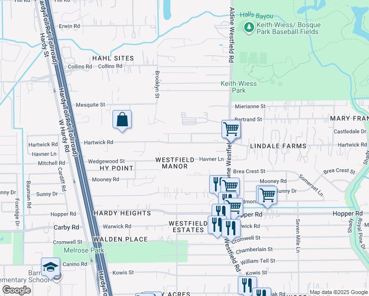 map of restaurants, bars, coffee shops, grocery stores, and more near 1720 Hartwick Road in Houston