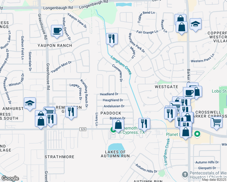map of restaurants, bars, coffee shops, grocery stores, and more near 7407 Epsom Downs Drive in Cypress