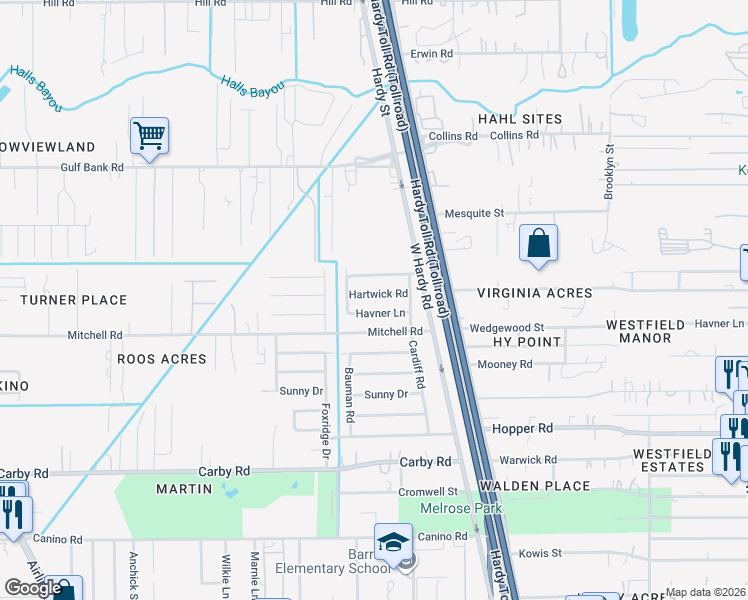 map of restaurants, bars, coffee shops, grocery stores, and more near 1218 Hartwick Rd in Houston