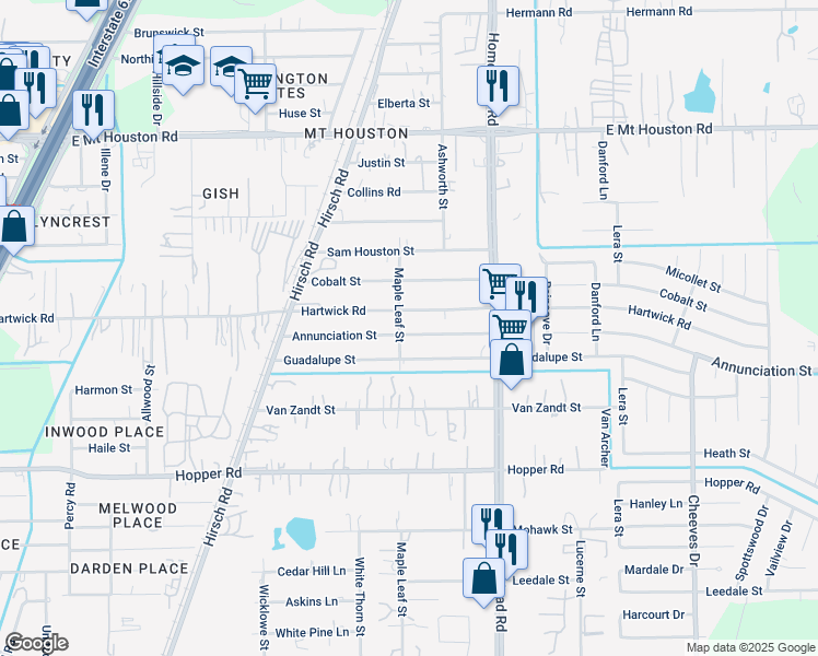 map of restaurants, bars, coffee shops, grocery stores, and more near 5805 Annunciation Street in Houston
