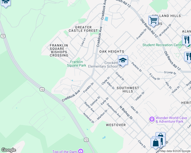 map of restaurants, bars, coffee shops, grocery stores, and more near 1509 Allen Street in San Marcos
