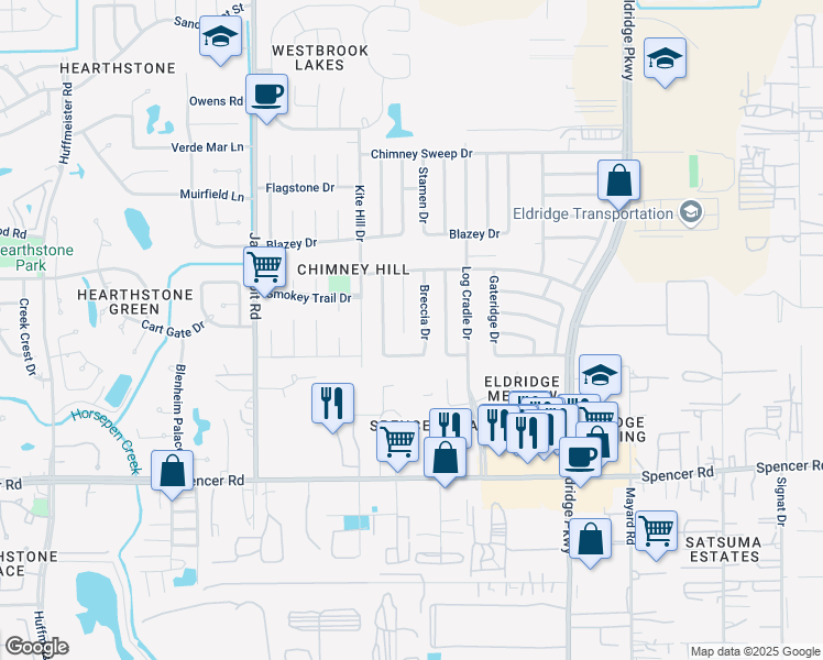map of restaurants, bars, coffee shops, grocery stores, and more near 7310 Weatherhill Lane in Houston