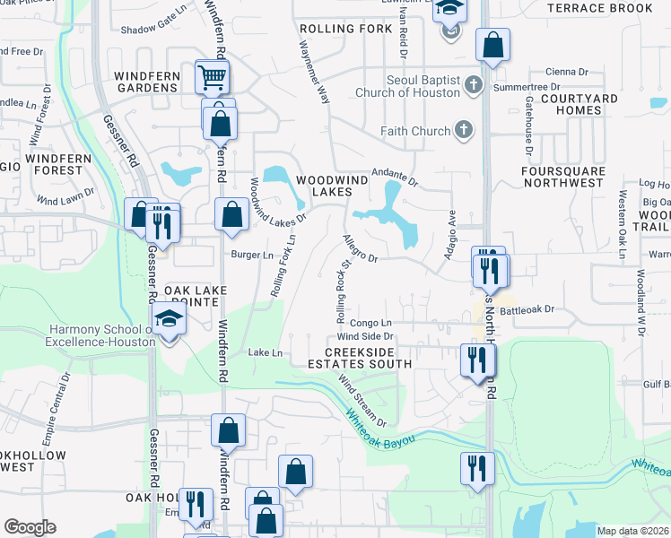 map of restaurants, bars, coffee shops, grocery stores, and more near 7615 Rolling Rock St in Houston