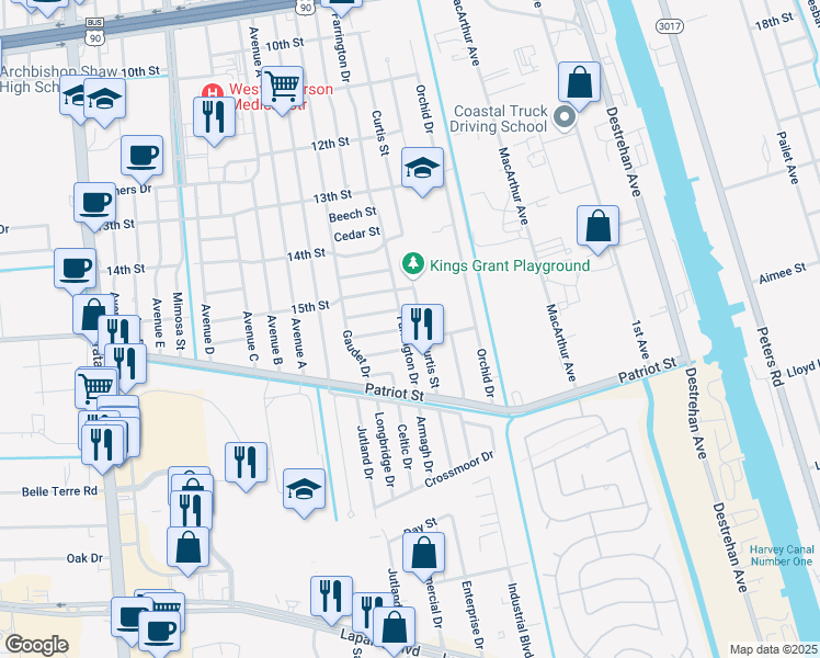 map of restaurants, bars, coffee shops, grocery stores, and more near 1537 Farrington Drive in Marrero