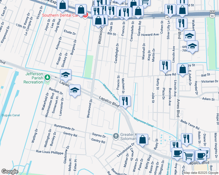 map of restaurants, bars, coffee shops, grocery stores, and more near 1171 Santa Maria Drive in Marrero