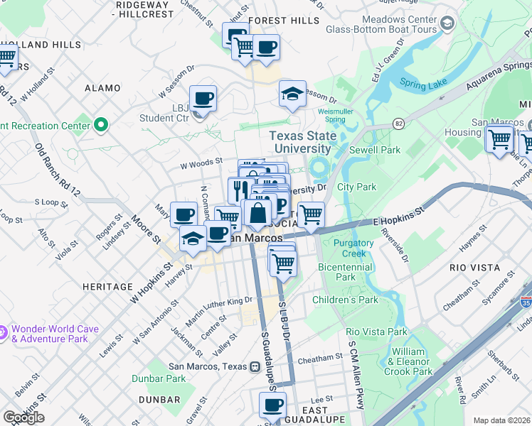 map of restaurants, bars, coffee shops, grocery stores, and more near 326 Texas 82 Loop in San Marcos