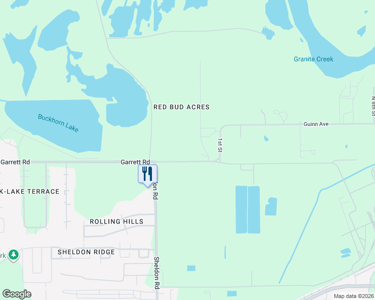 map of restaurants, bars, coffee shops, grocery stores, and more near 16608 Garrett Road in Houston