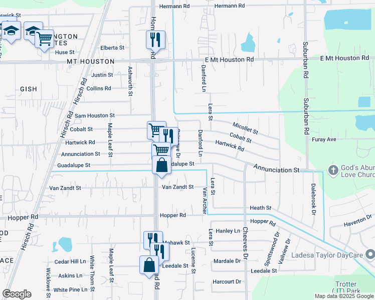 map of restaurants, bars, coffee shops, grocery stores, and more near 6115 Annunciation Street in Houston