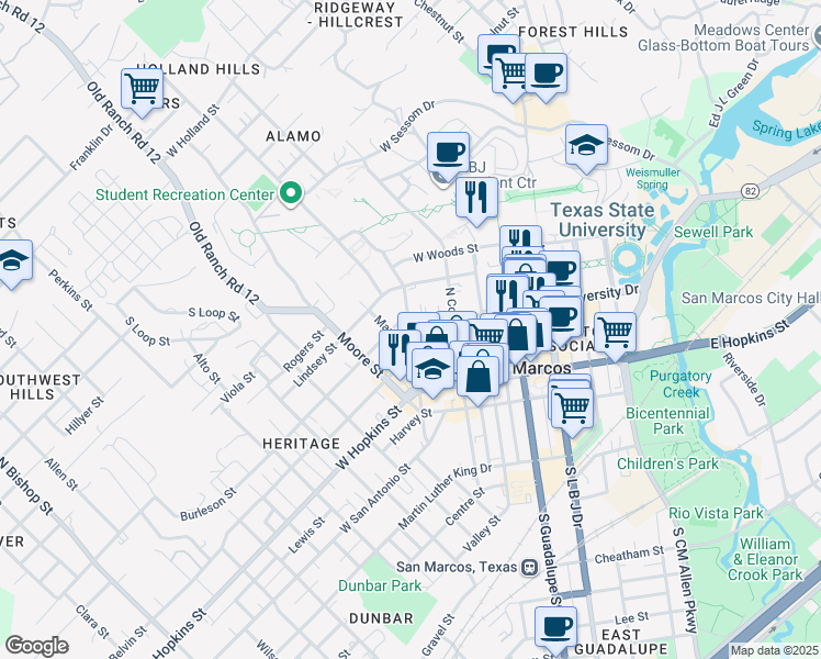 map of restaurants, bars, coffee shops, grocery stores, and more near North Street in San Marcos