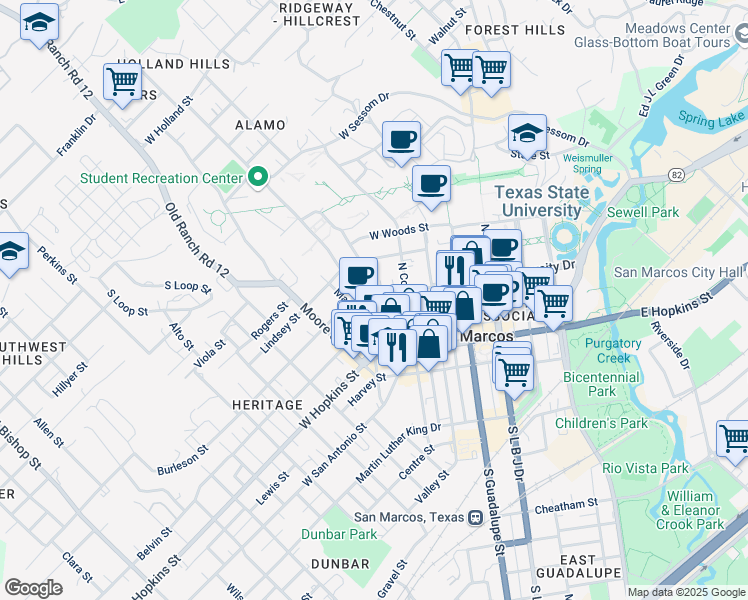 map of restaurants, bars, coffee shops, grocery stores, and more near 350 North Street in San Marcos