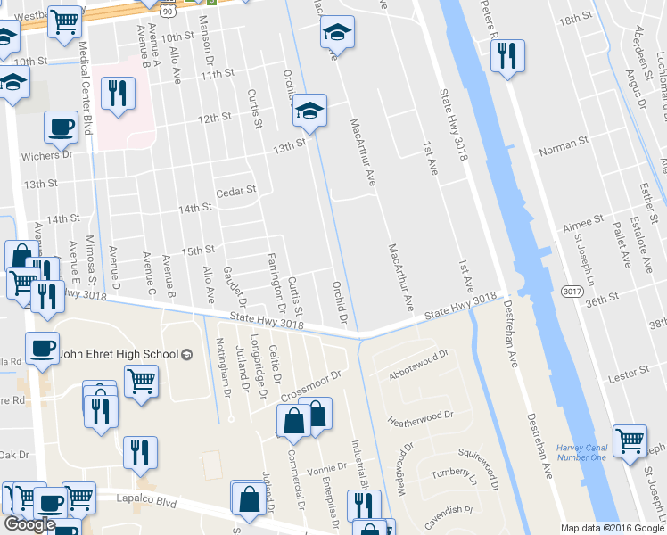 map of restaurants, bars, coffee shops, grocery stores, and more near 1601 Orchid Drive in Harvey