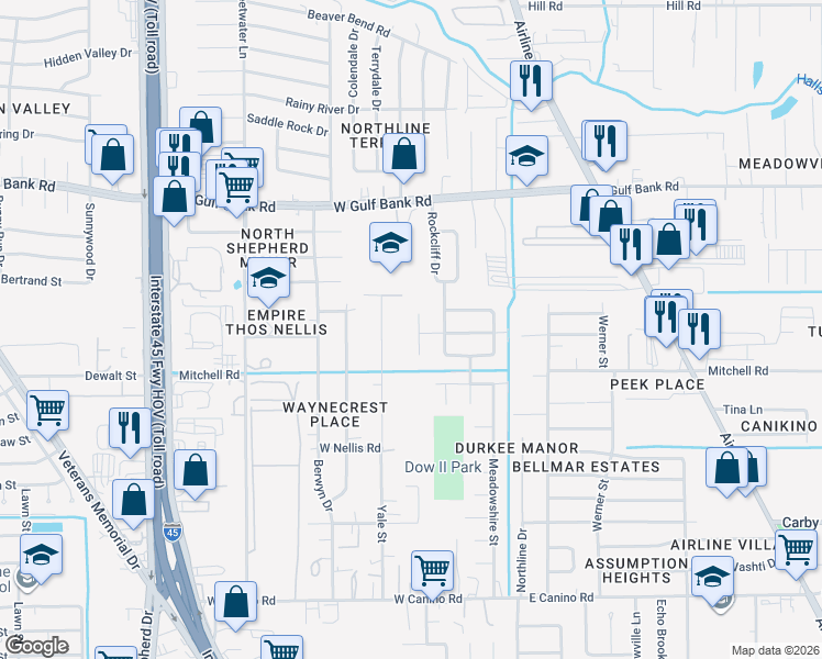 map of restaurants, bars, coffee shops, grocery stores, and more near 8602 Havner Court in Houston
