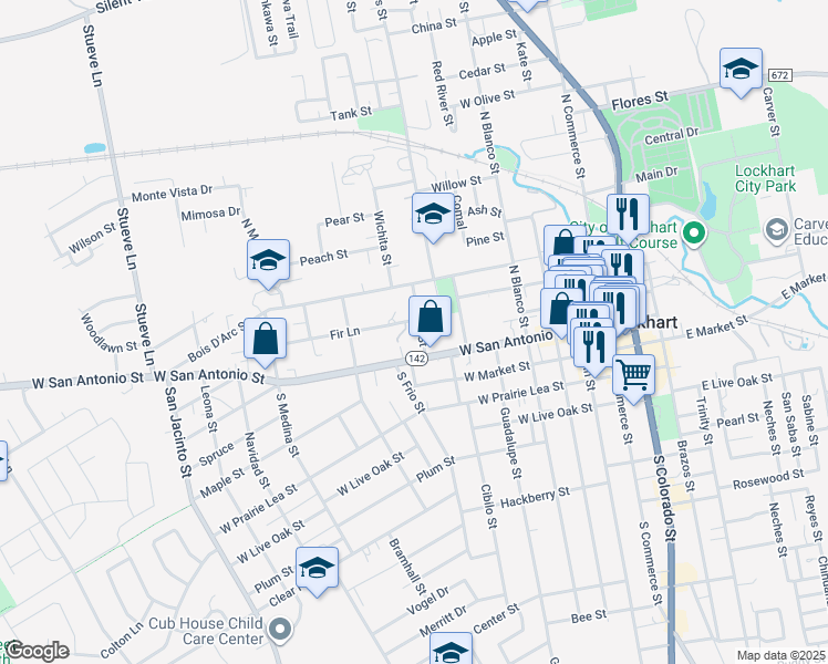 map of restaurants, bars, coffee shops, grocery stores, and more near 118 Elm Street in Lockhart