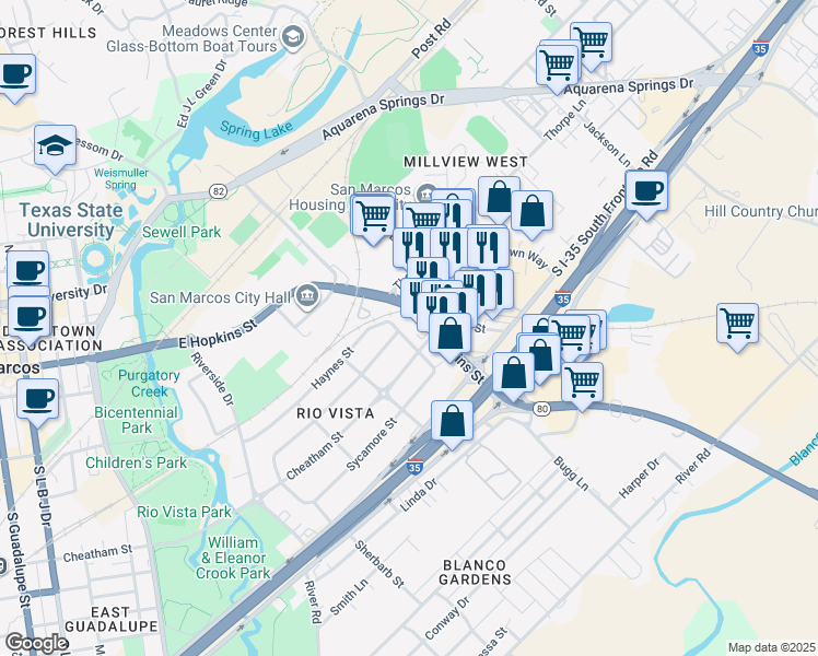 map of restaurants, bars, coffee shops, grocery stores, and more near 660 East Hopkins Street in San Marcos