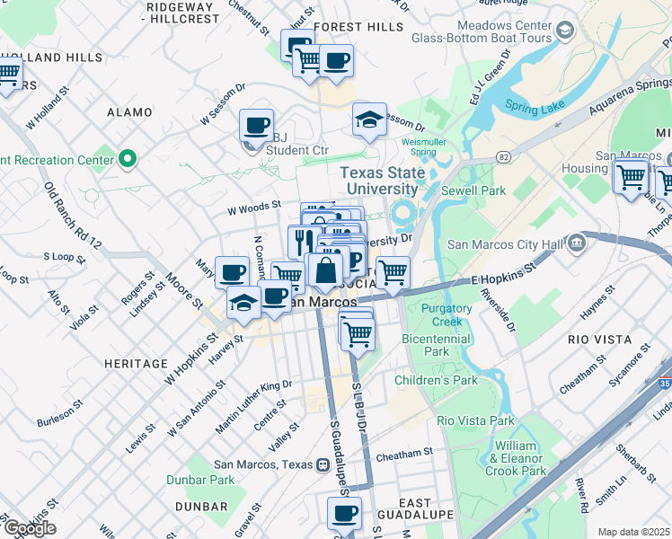 map of restaurants, bars, coffee shops, grocery stores, and more near 326 Texas 82 Loop in San Marcos