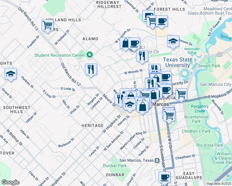 map of restaurants, bars, coffee shops, grocery stores, and more near 428 Burleson Street in San Marcos