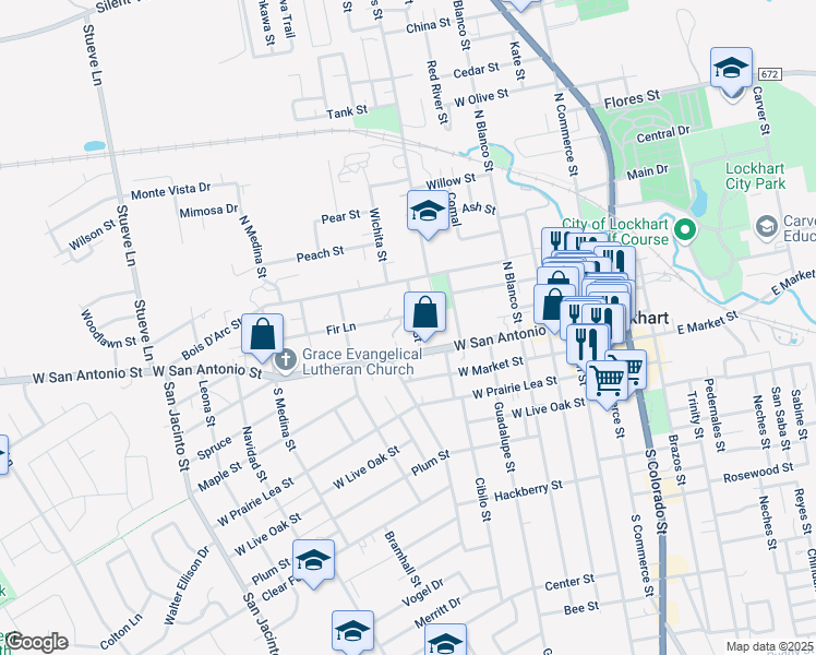 map of restaurants, bars, coffee shops, grocery stores, and more near 118 Elm Street in Lockhart