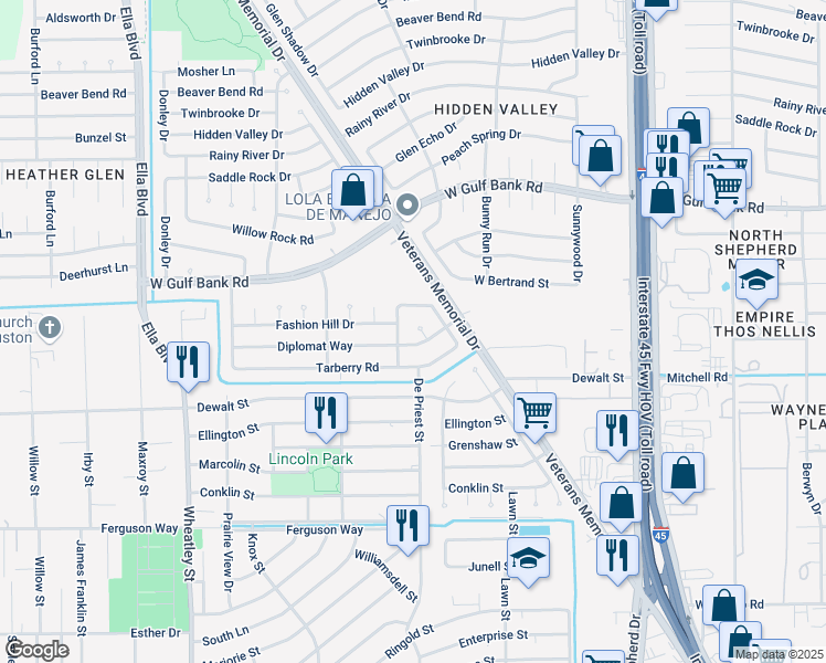 map of restaurants, bars, coffee shops, grocery stores, and more near 8607 Diplomat Court in Houston