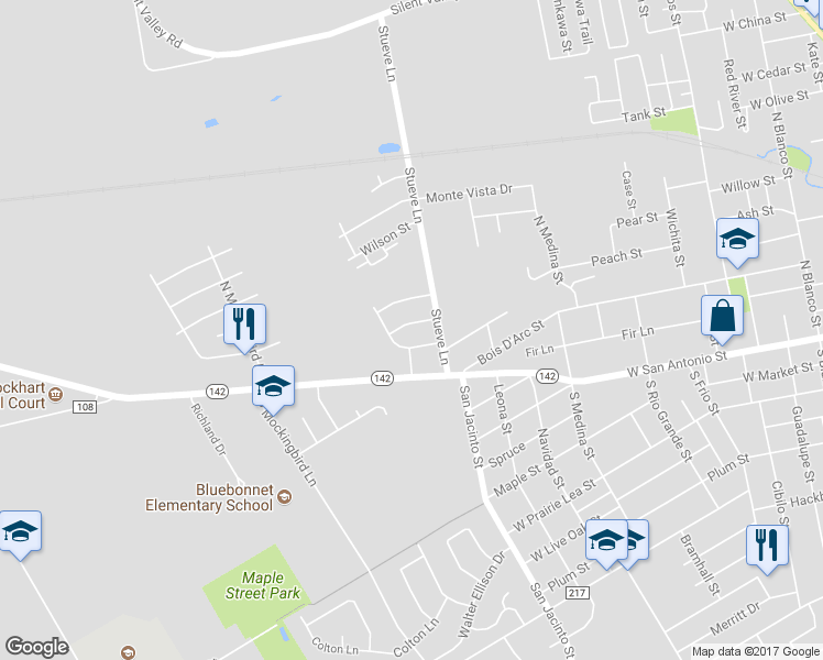 map of restaurants, bars, coffee shops, grocery stores, and more near 1308 Aspen Street in Lockhart