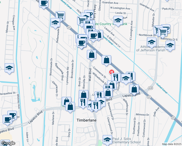 map of restaurants, bars, coffee shops, grocery stores, and more near 203 Wall Boulevard in Gretna