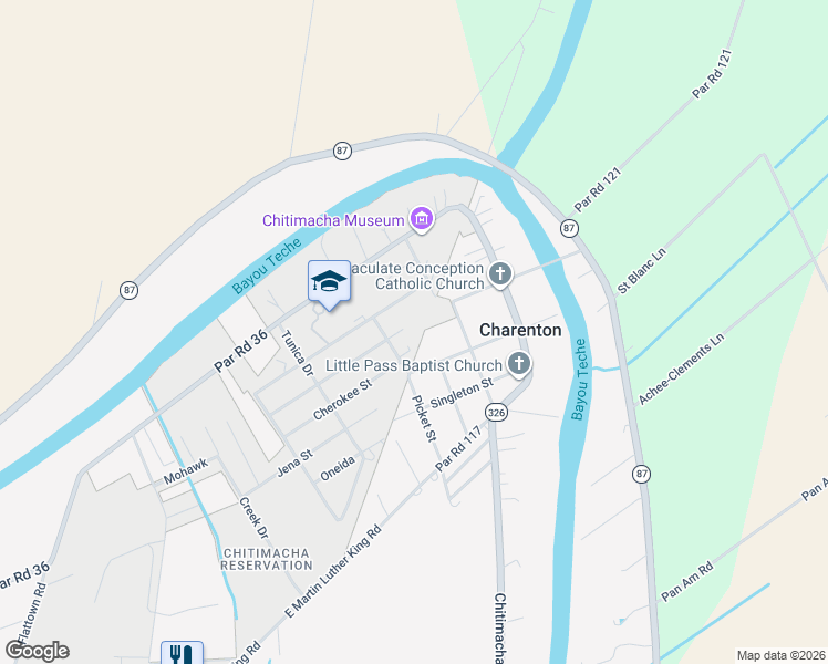 map of restaurants, bars, coffee shops, grocery stores, and more near 231 Choctaw Street in Jeanerette