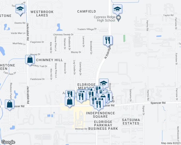 map of restaurants, bars, coffee shops, grocery stores, and more near 13210 Chasworth Drive in Houston