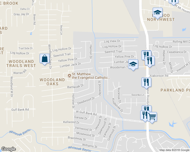 map of restaurants, bars, coffee shops, grocery stores, and more near 7507 Battlepine Court in Houston