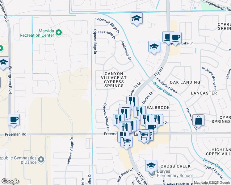 map of restaurants, bars, coffee shops, grocery stores, and more near 7303 Cypress Breeze in Cypress