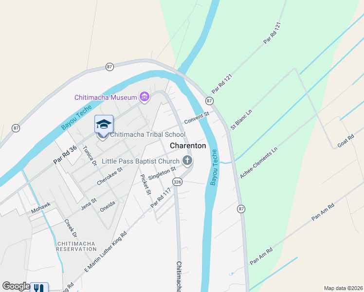 map of restaurants, bars, coffee shops, grocery stores, and more near 200-298 Sanaren Street in Jeanerette