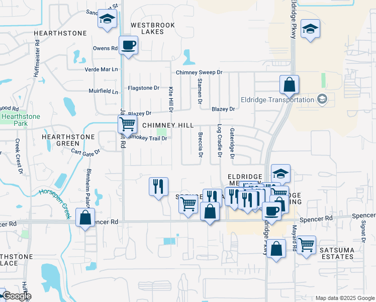map of restaurants, bars, coffee shops, grocery stores, and more near 7310 Weatherhill Lane in Houston