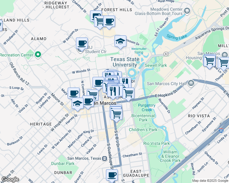 map of restaurants, bars, coffee shops, grocery stores, and more near 212 East Hutchison Street in San Marcos