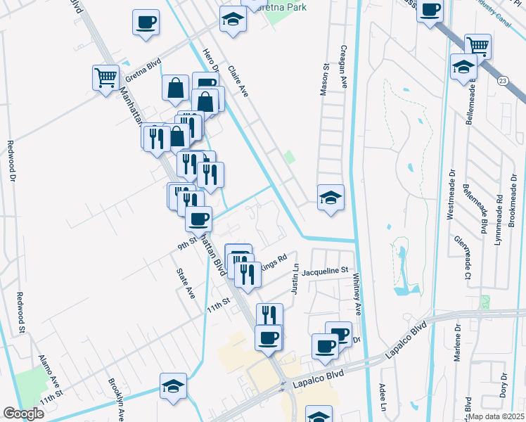 map of restaurants, bars, coffee shops, grocery stores, and more near 3428 Hero Drive in Gretna