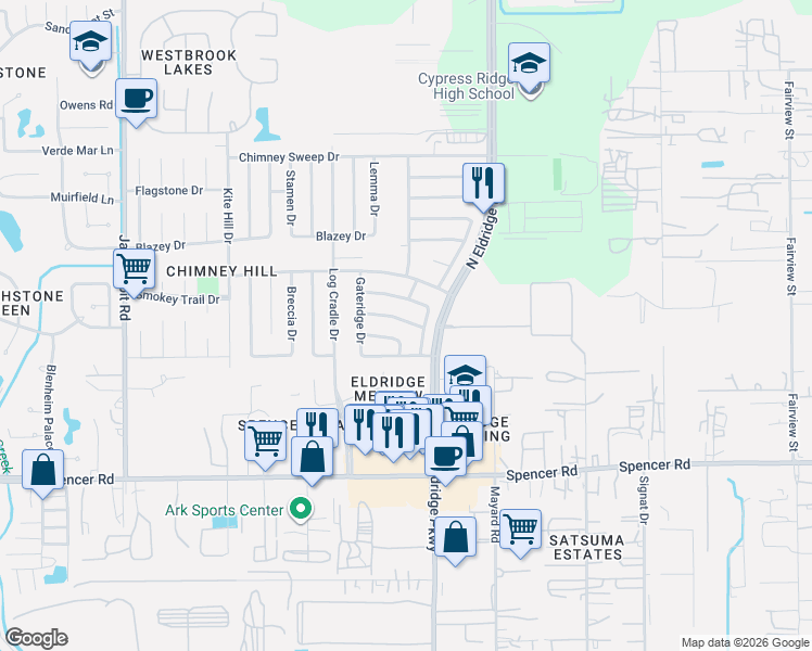 map of restaurants, bars, coffee shops, grocery stores, and more near 13210 Chasworth Drive in Houston