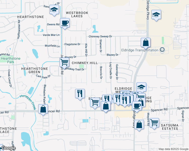 map of restaurants, bars, coffee shops, grocery stores, and more near 7310 Weatherhill Lane in Houston