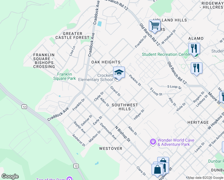 map of restaurants, bars, coffee shops, grocery stores, and more near 1211 Girard Street in San Marcos