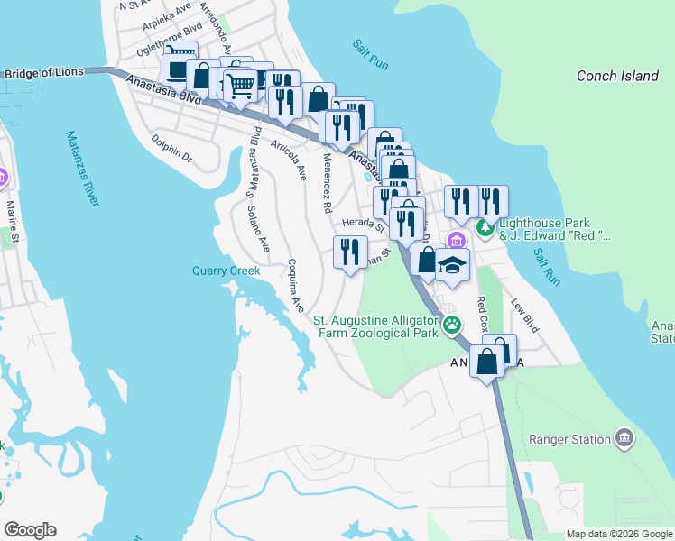 map of restaurants, bars, coffee shops, grocery stores, and more near 117 Menendez Road in St. Augustine