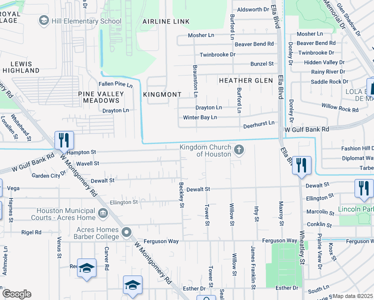 map of restaurants, bars, coffee shops, grocery stores, and more near 9718 Beckley Street in Houston