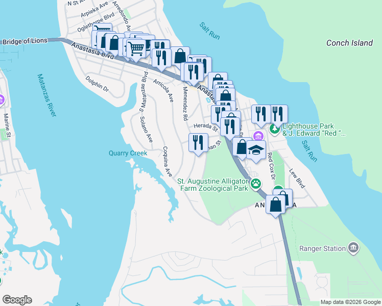 map of restaurants, bars, coffee shops, grocery stores, and more near 117 Menendez Road in St. Augustine