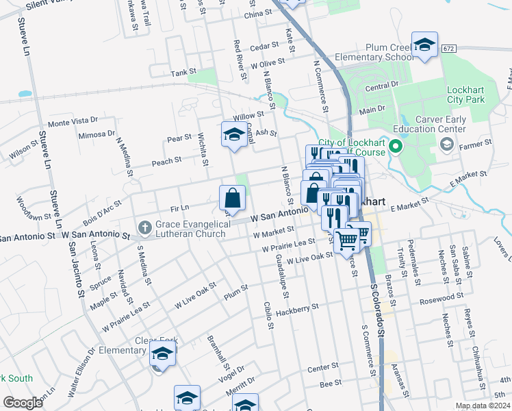 map of restaurants, bars, coffee shops, grocery stores, and more near 116 North Nueces Street in Lockhart