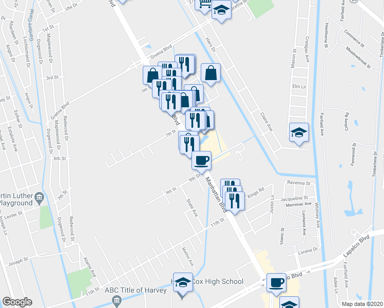 map of restaurants, bars, coffee shops, grocery stores, and more near 2004 Manhattan Boulevard in Harvey