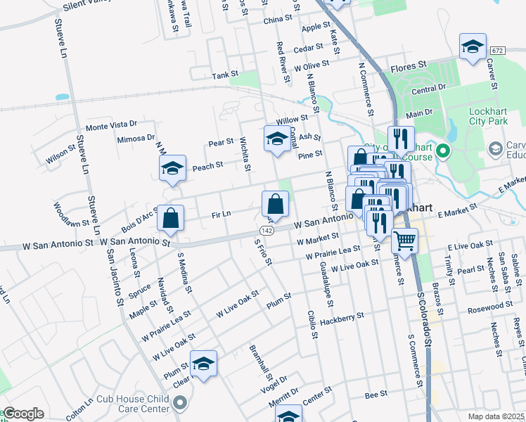 map of restaurants, bars, coffee shops, grocery stores, and more near 137 Elm Street in Lockhart