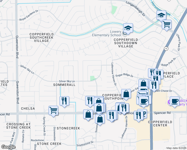 map of restaurants, bars, coffee shops, grocery stores, and more near 7302 Thistleglen Circle in Houston