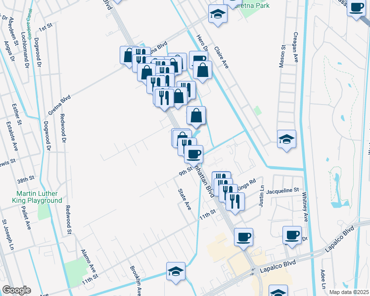 map of restaurants, bars, coffee shops, grocery stores, and more near 2004 Manhattan Boulevard in Harvey
