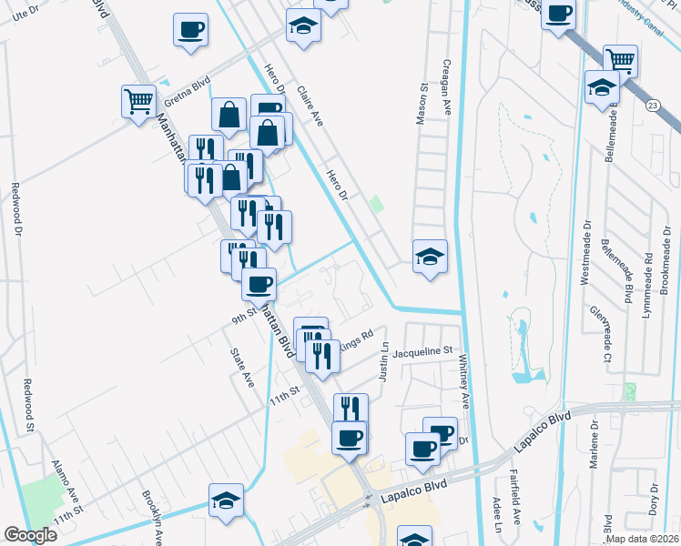 map of restaurants, bars, coffee shops, grocery stores, and more near 3428 Hero Drive in Gretna