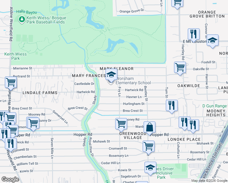 map of restaurants, bars, coffee shops, grocery stores, and more near 3011 Havner Lane in Houston