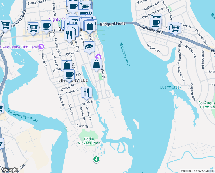 map of restaurants, bars, coffee shops, grocery stores, and more near 136 Marine Street in St. Augustine