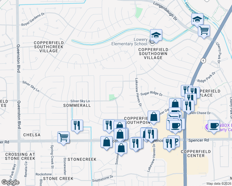 map of restaurants, bars, coffee shops, grocery stores, and more near 7302 Thistleglen Circle in Houston